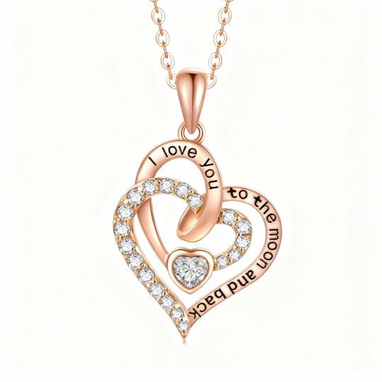 10K Rose Gold Round Cut Cubic Zirconia Heart With Heart Pendant Necklace with Engraved Word