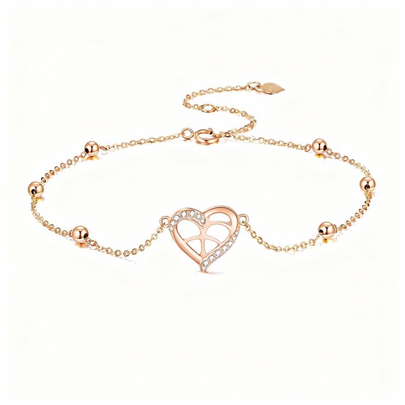 18K Rose Gold Round Cut Cubic Zirconia Heart Single Layer Charm Anklet-1