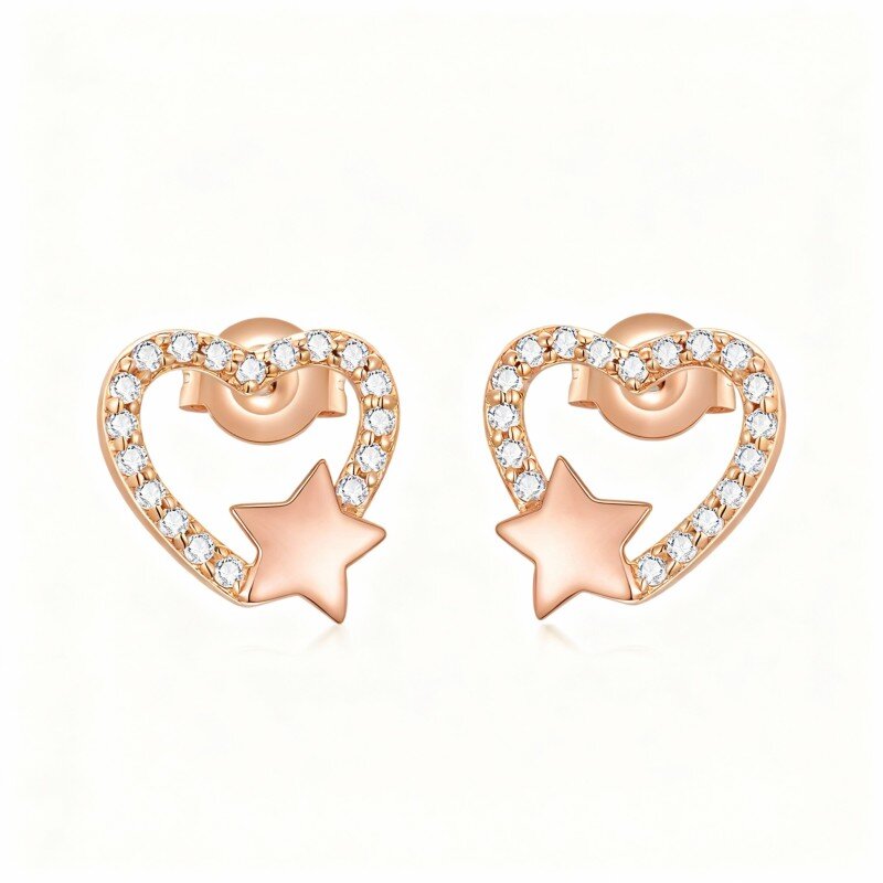 Brincos de pino em forma de coração e estrela com zircónias cúbicas de corte redondo em ouro rosa 18K.-1