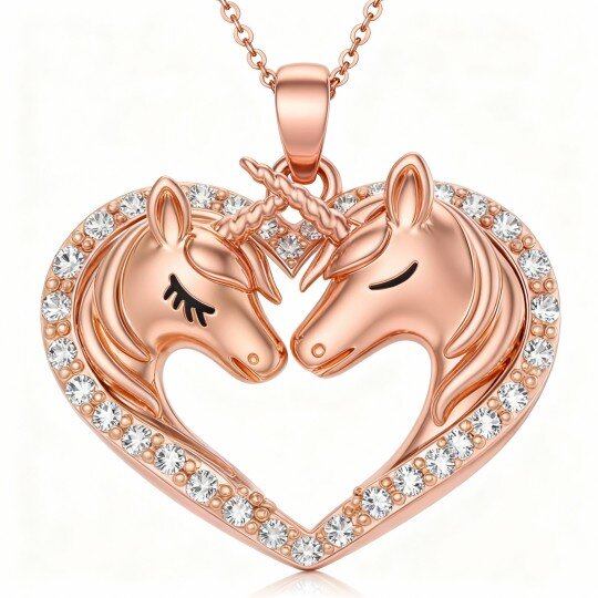 Halskette aus 10-karätigem Roségold mit rundem Zirkonia-Herz- und Einhornanhänger