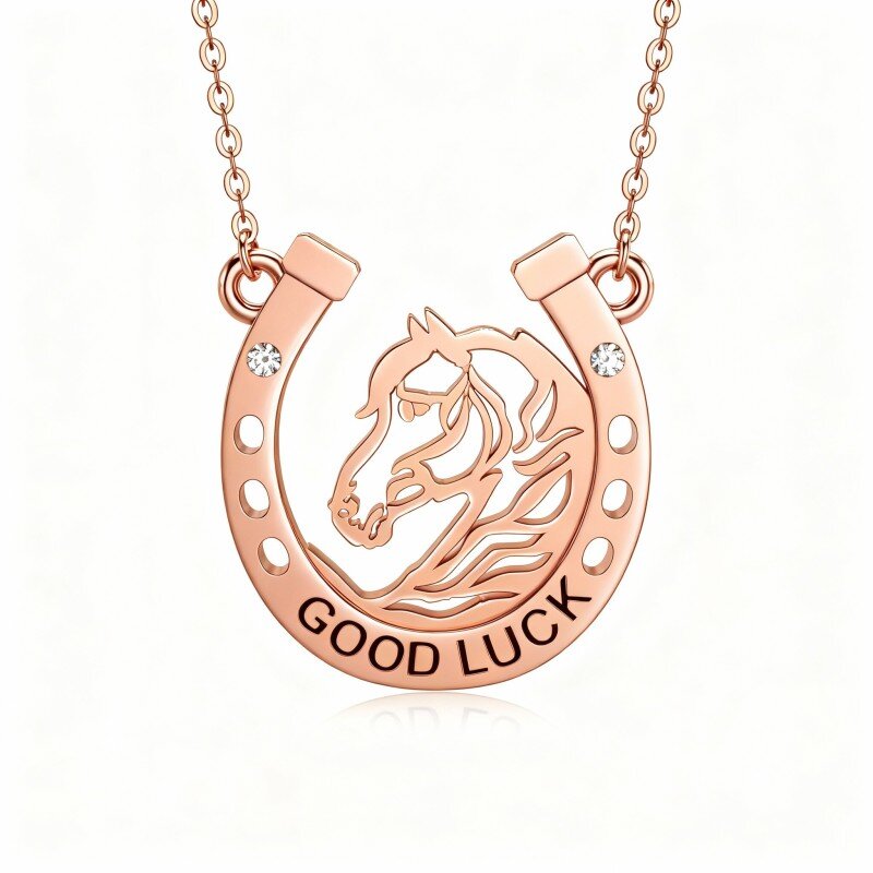 14K Rose Gold Round Cut Cubic Zirconia Horse & Horseshoe Pendant Necklace with Engraved Word-1