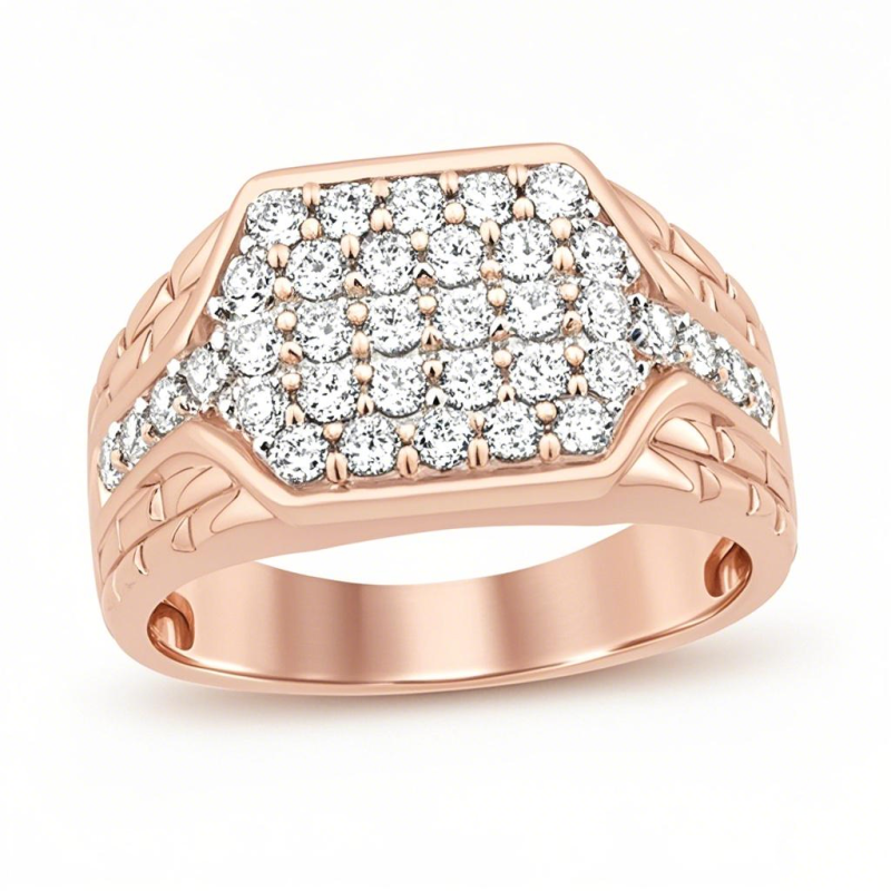 14K Rose Gold Round Cut Lab Created Diamond Custom Signet Ring for Men F Color SI2 Clarity 3EX IGI Certified-1