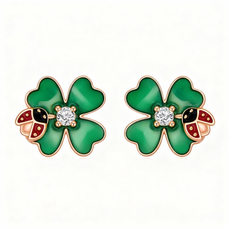 Kolczyki z 10-karatowego różowego złota z okrągłym szlifem cyrkonii sześciennej w kształcie biedronki i czterolistnej koniczyny-1