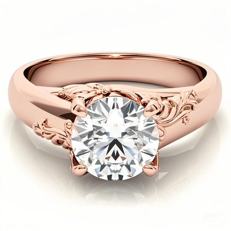 Bague de fiançailles en or rose 10 carats avec pierre centrale ronde en moissanite.-1