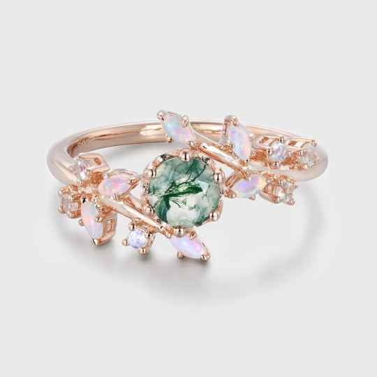 Sterling Silver with Rose Gold Plated Round Cut Leaves Moss Agate Engagement Ring