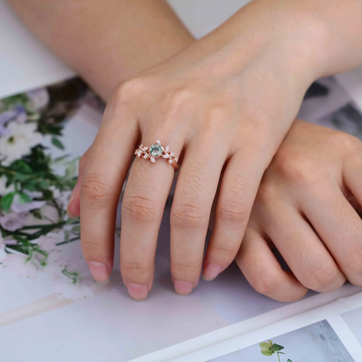 10K Rose Gold Round Cut Leaves Moss Agate Engagement Ring-2