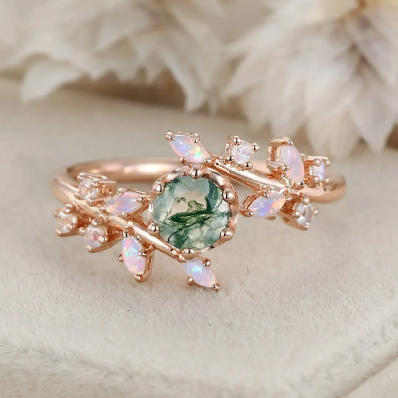 Anel de Noivado em Ouro Rosa 18K com Ágata Musgosa em Forma de Folhas e Corte Redondo-3