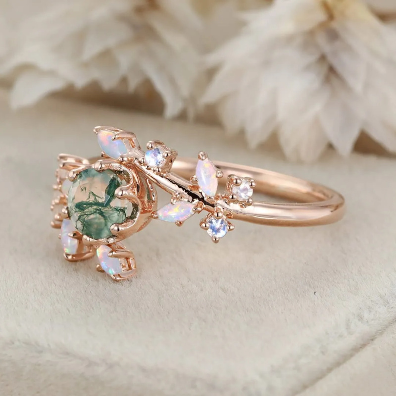 Anel de Noivado em Ouro Rosa 18K com Ágata Musgosa em Forma de Folhas e Corte Redondo-4