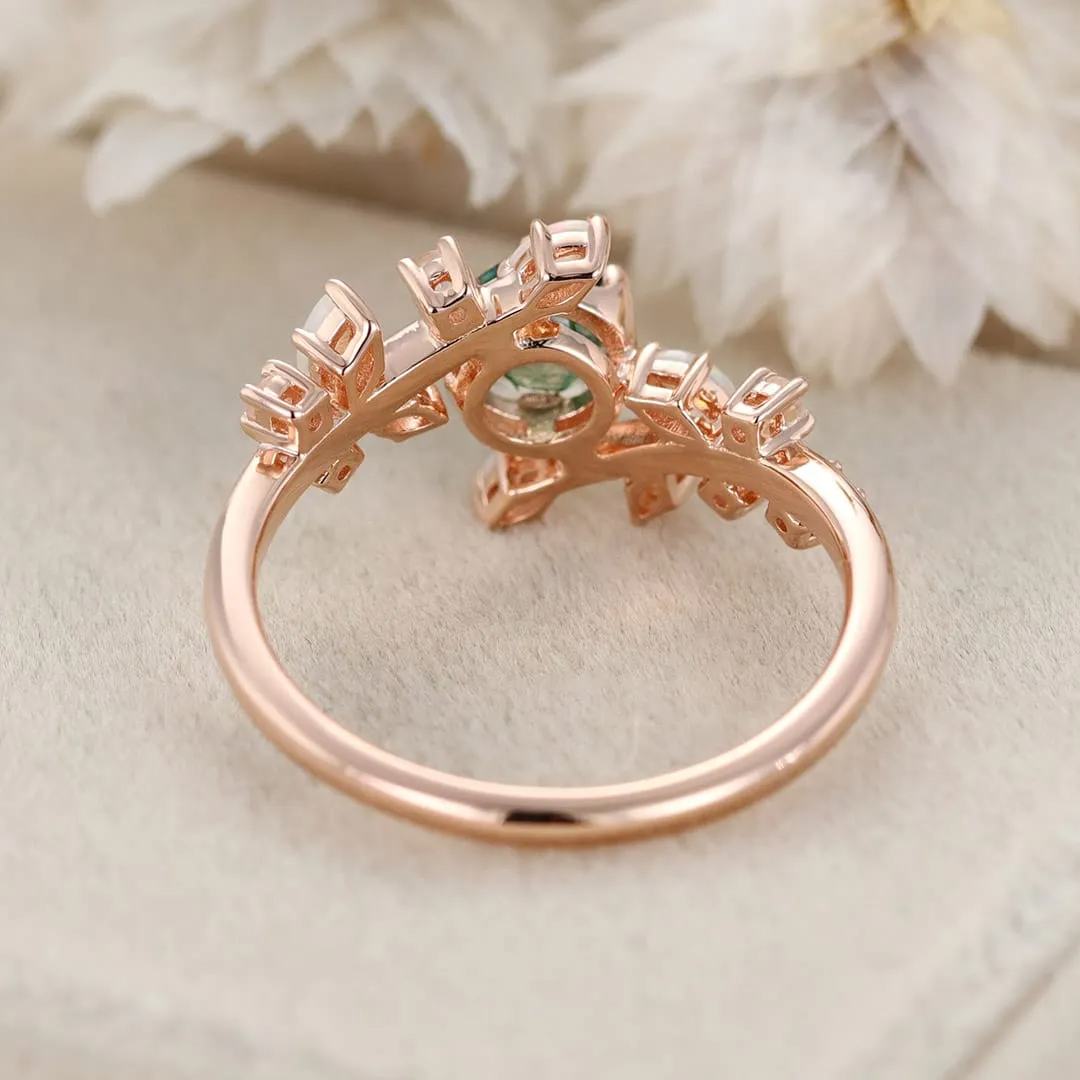 10K Rose Gold Round Cut Leaves Moss Agate Engagement Ring-5