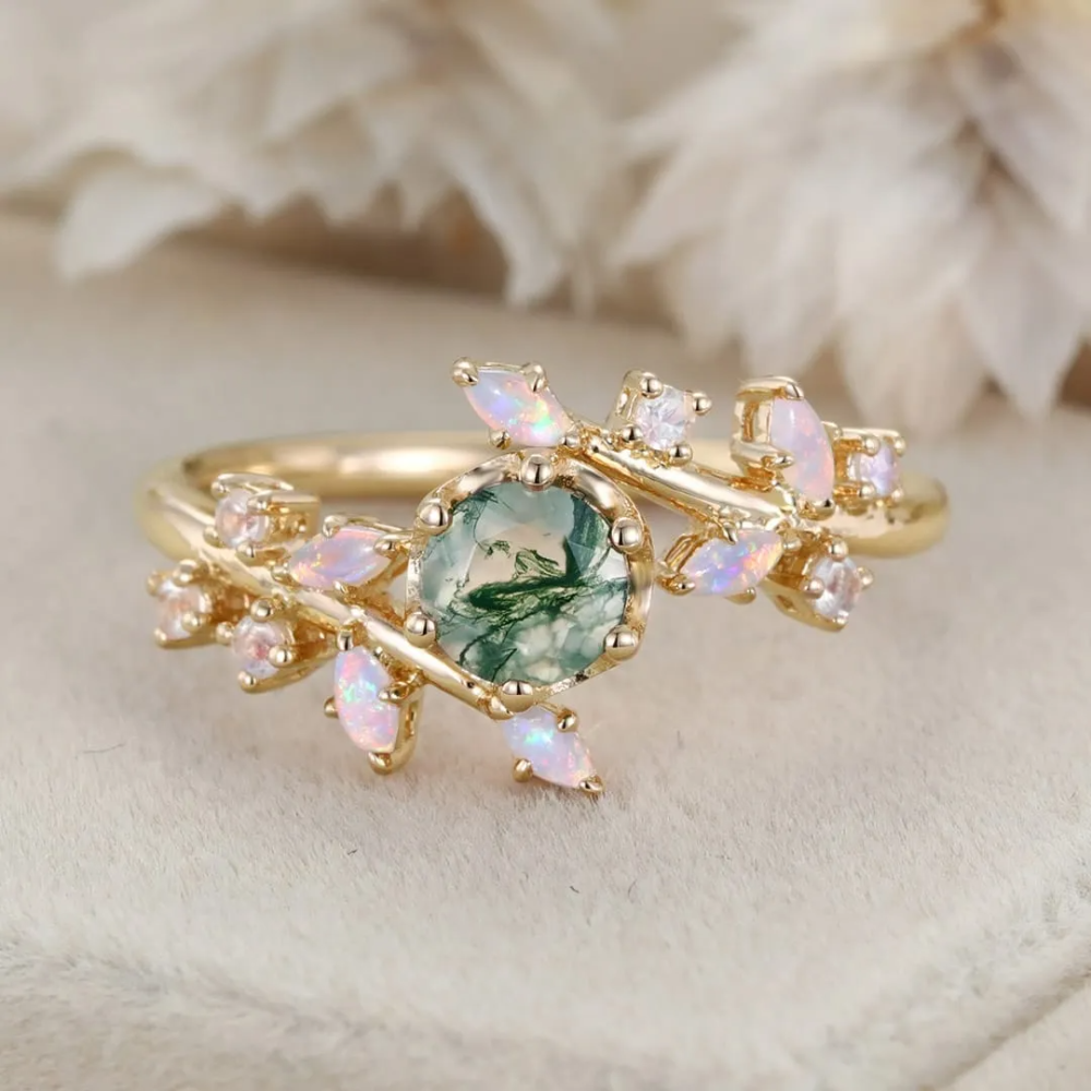 Sterling Silver with Rose Gold Plated Round Cut Leaves Moss Agate Engagement Ring-7