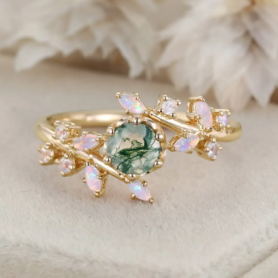 10K Rose Gold Round Cut Leaves Moss Agate Engagement Ring-7