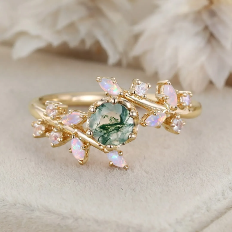 Anel de Noivado em Ouro Rosa 18K com Ágata Musgosa em Forma de Folhas e Corte Redondo-7