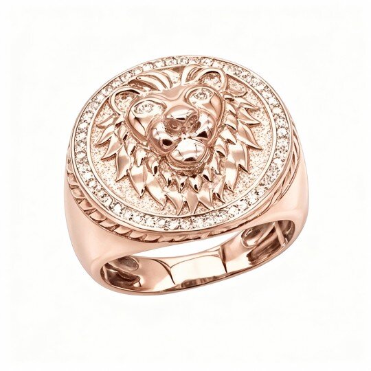 Anel de sinete para homem em ouro rosa 10K com leão de corte redondo.