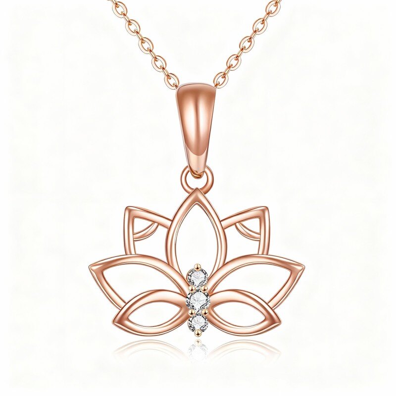 Lotus-Anhänger-Halskette aus 10-karätigem Roségold mit rundem Zirkonia-1