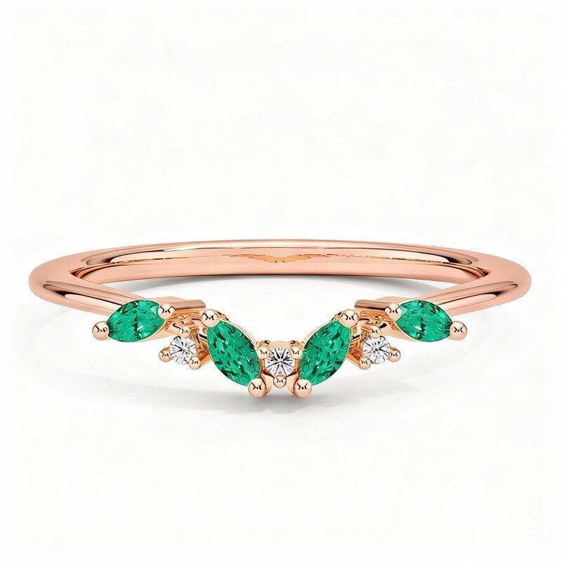 18K Rose Gold Round Cut & Marquise Cut Emerald & Lab Created Diamond Custom Personalized Engraving Engagement Ring F/G Color SI Clarity 3EX-1