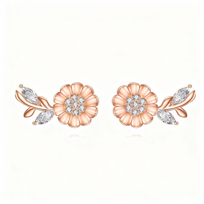 18K Rose Gold Round Cut & Marquise Cut Cubic Zirconia Sunflower Stud Earrings-1