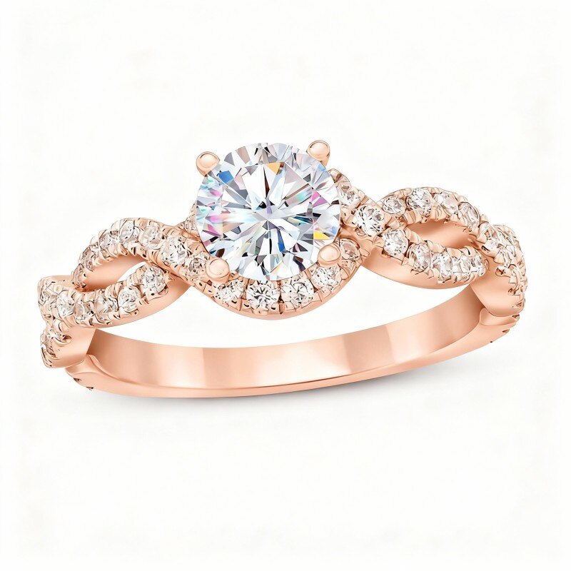 Anillo de compromiso para parejas con moissanita de talla redonda en oro rosa de 9 quilates-1