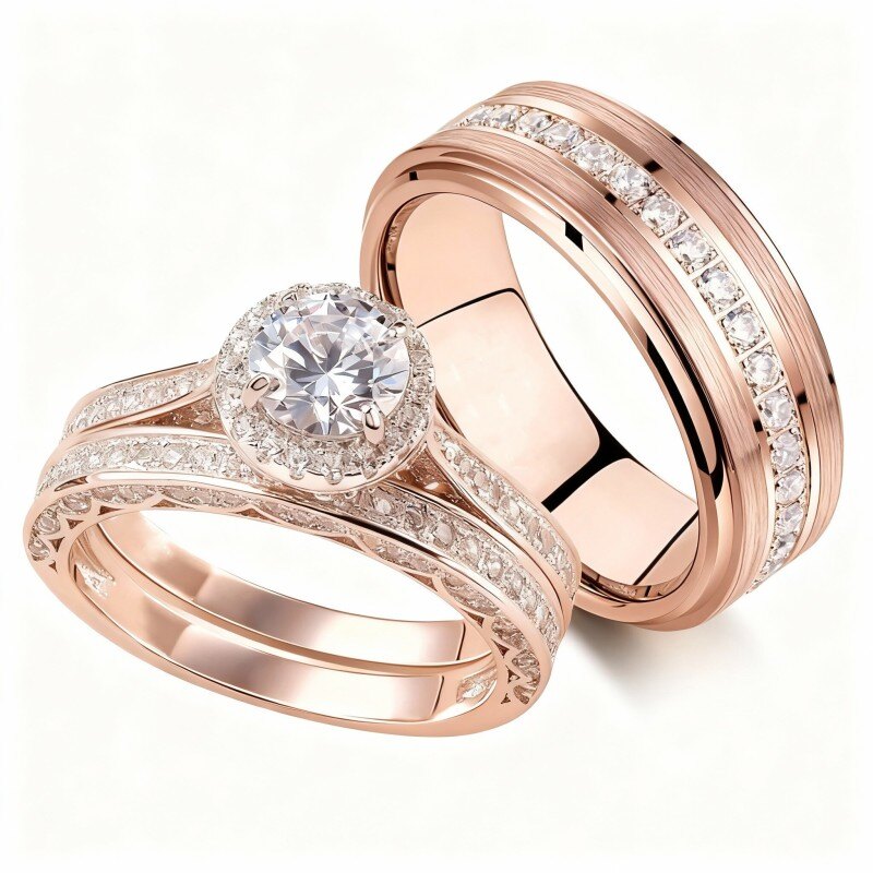 10K Rose Gold Round Cut Moissanite Couple Rings-8