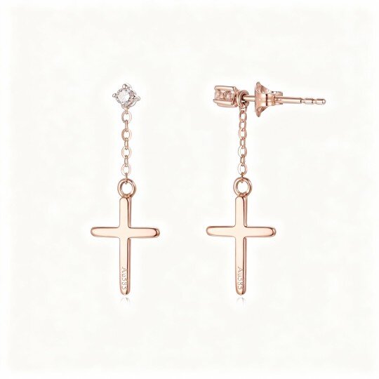 10K Rose Gold Round Cut Moissanite Cross Drop Earrings