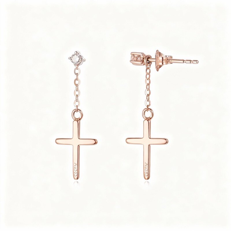 10K Rose Gold Round Cut Moissanite Cross Drop Earrings-11