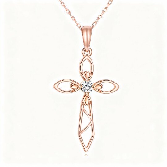 Halskette mit Kreuzanhänger aus rundem Moissanit, 10 Karat Roségold.