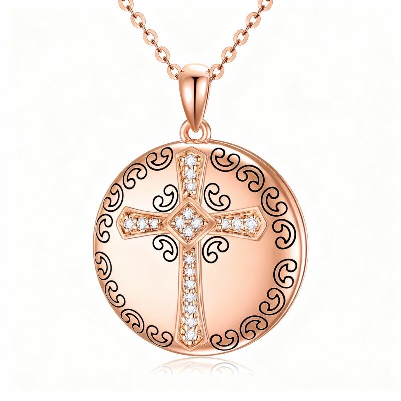 18K Rose Gold Round Cut Moissanite Cross Pendant Necklace-1