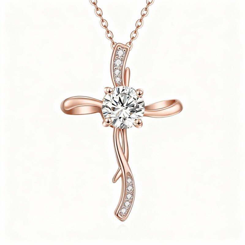 10K Rose Gold Round Cut Moissanite Cross Pendant Necklace-9