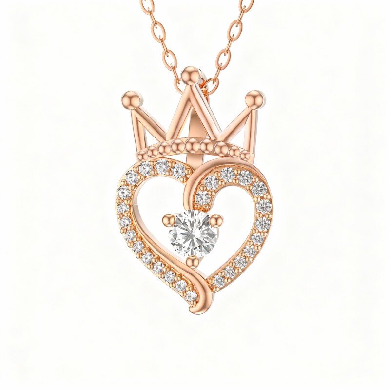 10K Rose Gold Round Cut Moissanite Crown & Heart Pendant Necklace-1