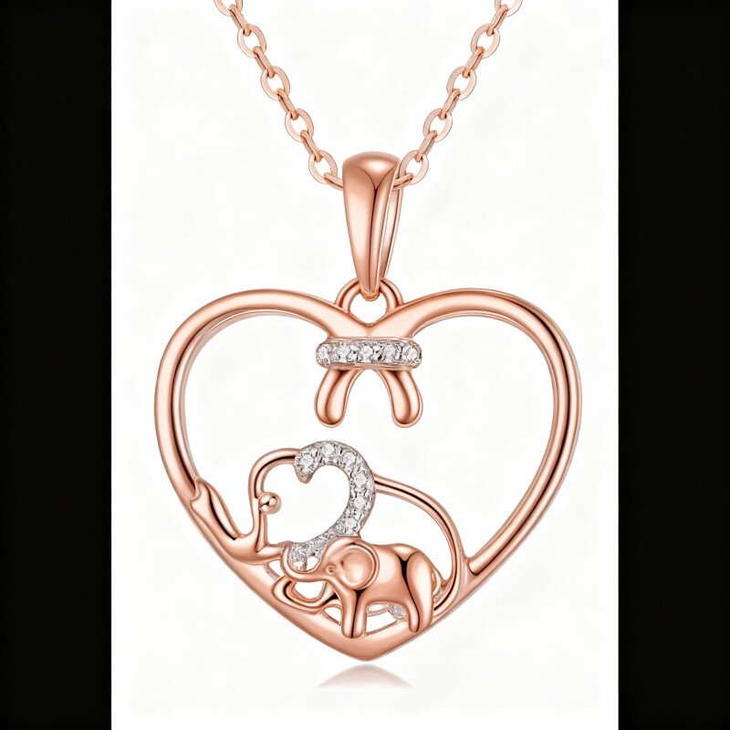 Colar com pendente de elefante e coração em ouro rosa 10K com moissanita de corte redondo-19