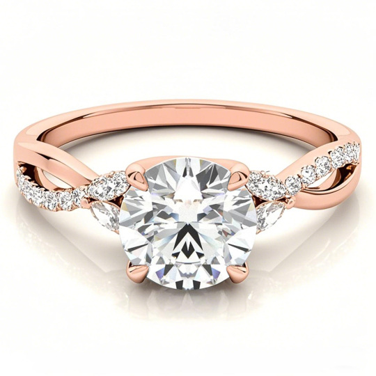 Anillo de compromiso de moissanita de corte redondo en oro rosa de 10 quilates