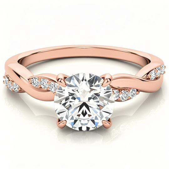 Anillo de compromiso de moissanita de corte redondo en oro rosa de 10 quilates