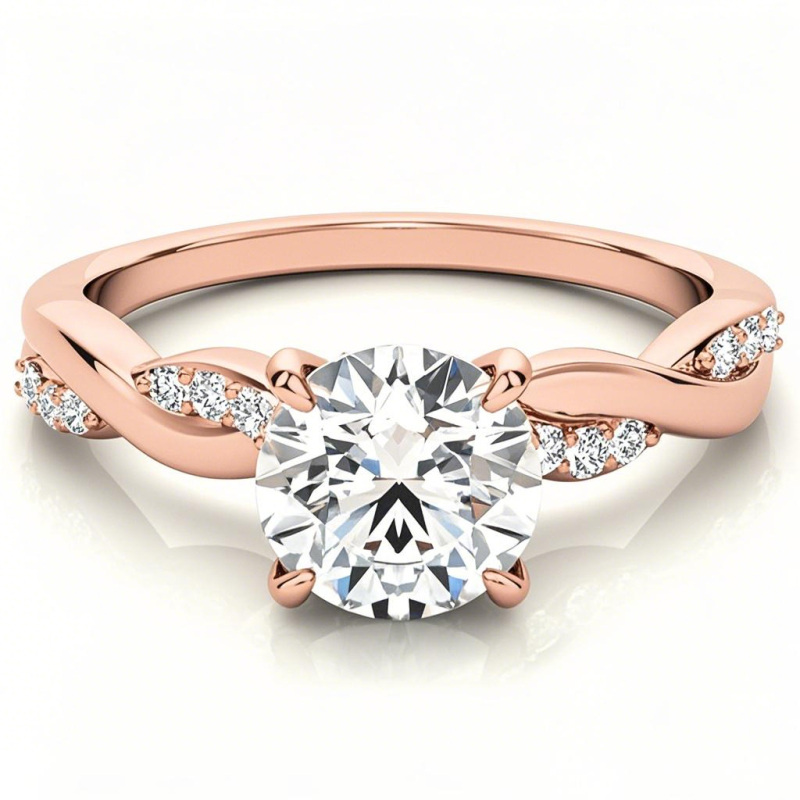 Anillo de compromiso de moissanita de corte redondo en oro rosa de 10 quilates-1