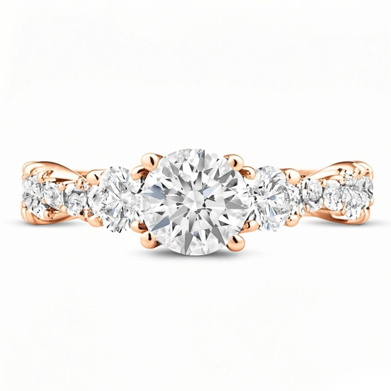 Anillo de compromiso de moissanita de corte redondo en oro rosa de 10 quilates-13