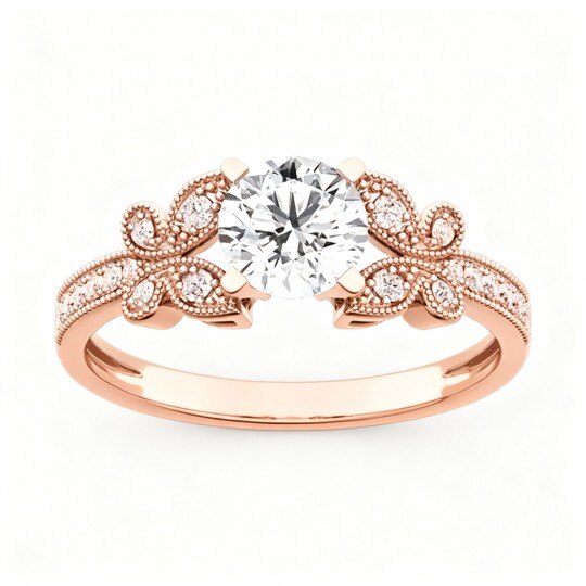 Anillo de compromiso de oro rosa de 10 quilates con moissanita de talla redonda