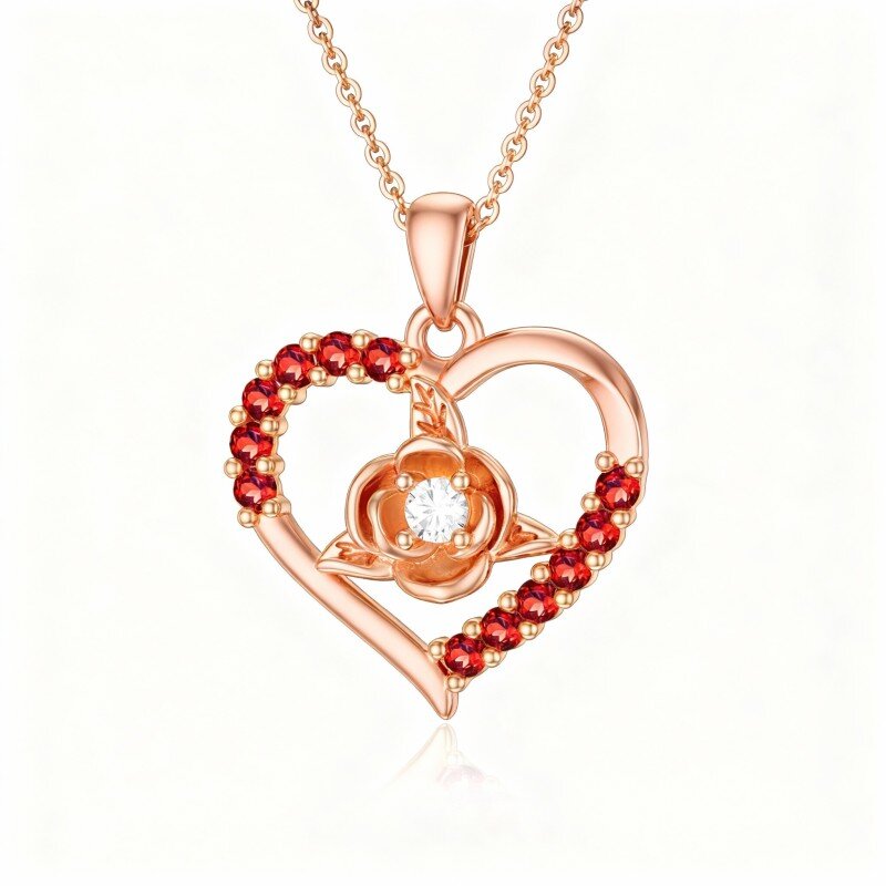 Colar com pendente de rosa e coração em ouro rosa 14K com moissanita de corte redondo-1