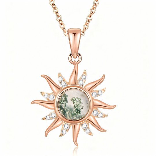 10K Rose Gold Round Cut Moissanite & Moss Agate Sun Pendant Necklace