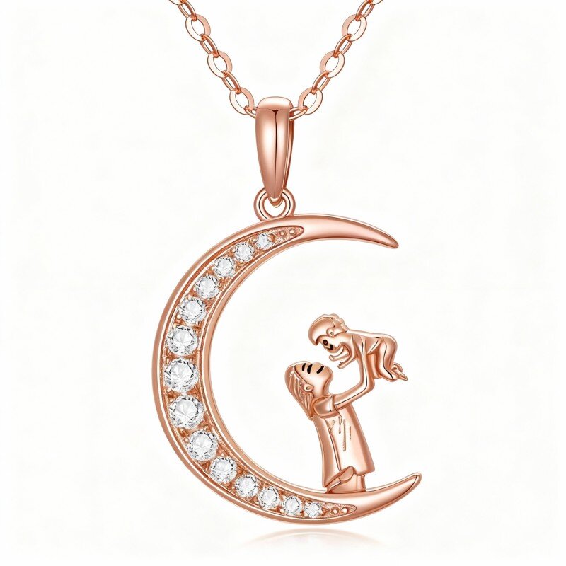 10K Rose Gold Round Cut Moissanite Mother & Daughter & Moon Pendant Necklace-1