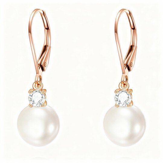 10K Rose Gold Round Cut Moissanite & Pearl Bead Lever-back Earrings