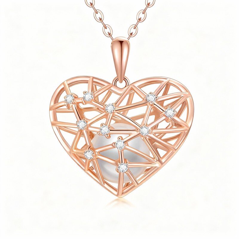 18K Rose Gold Round Cut Moissanite & Pearl Heart Pendant Necklace-1