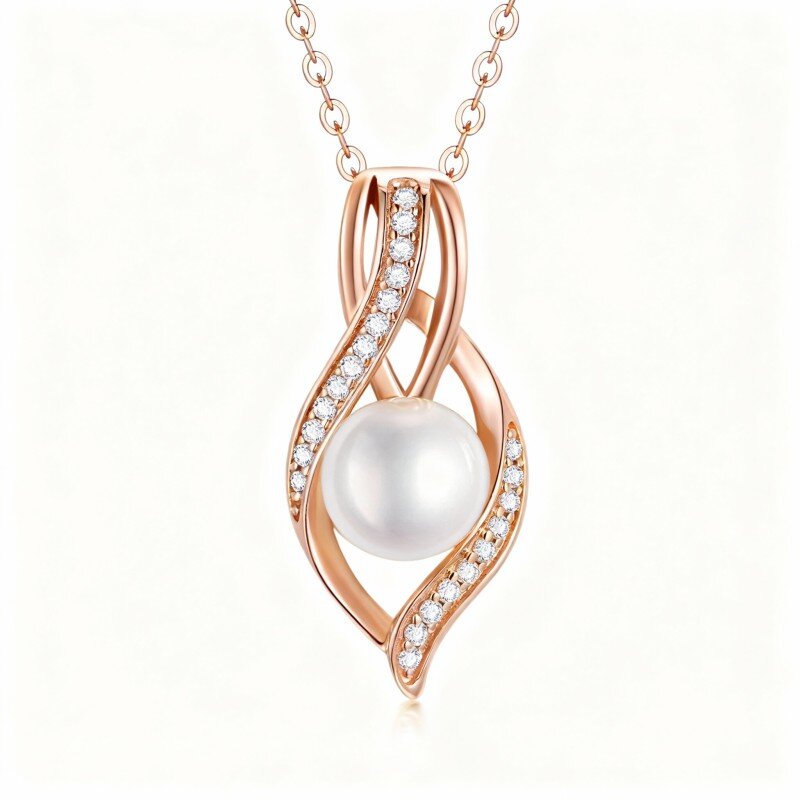 Colar com pendente símbolo do infinito em ouro rosa 10K com moissanita de corte redondo e pérola-1