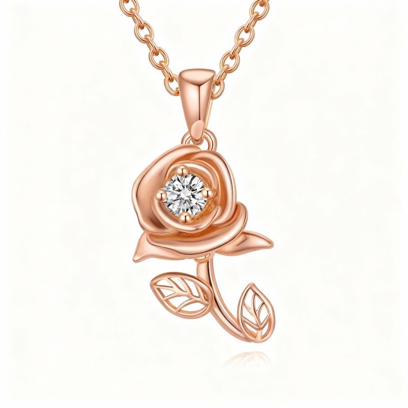 Collar con colgante de rosa de moissanita de corte redondo en oro rosa de 10 quilates-1