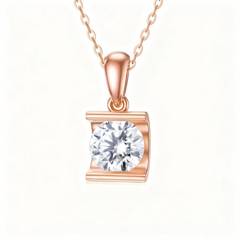 10K Rose Gold Round Cut Moissanite Round Pendant Necklace-1