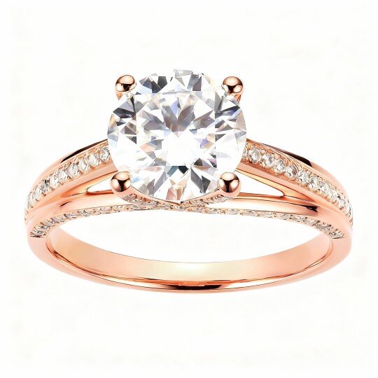 Anillo de compromiso para parejas con grabado personalizado y moissanita de talla redonda en oro rosa de 10 quilates