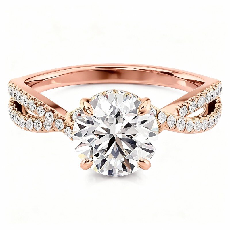 Anillo de compromiso con grabado personalizado en oro rosa de 10 quilates con moissanita de talla redonda-1