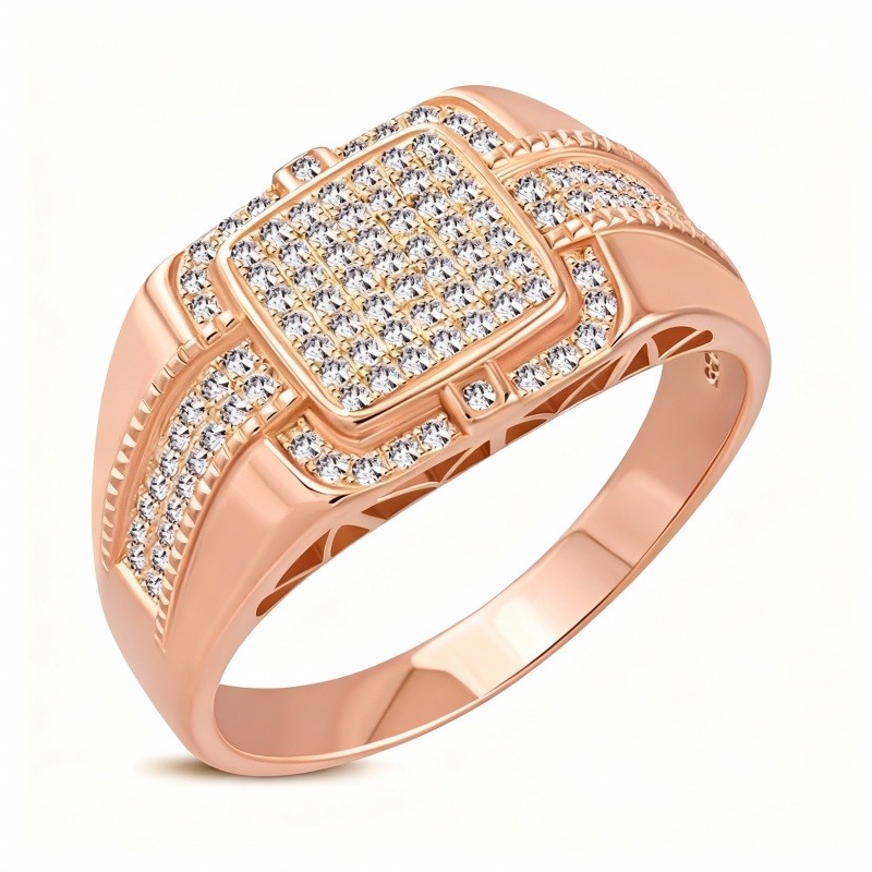 14Kローズゴールド ラウンドカット モアッサナイト パーソナライズ刻印＆スクエアリング メンズ-1