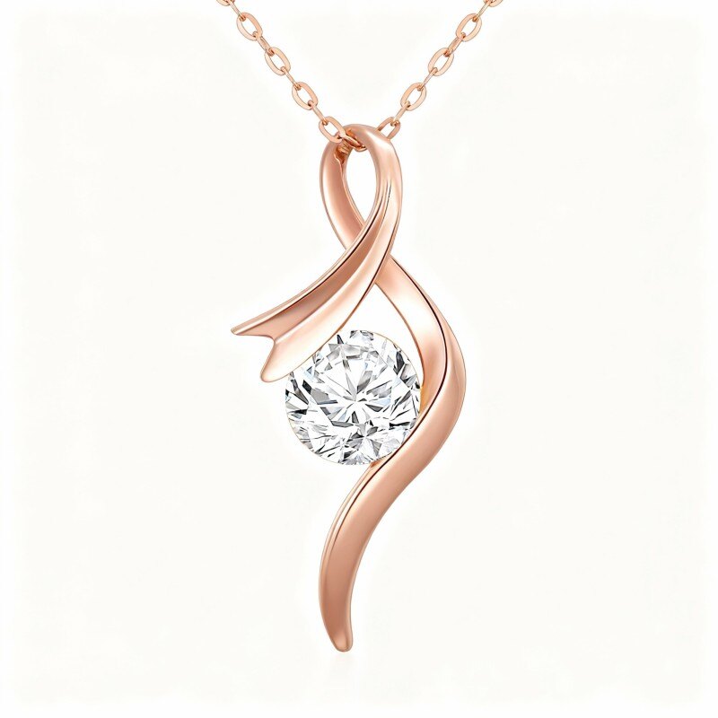 14K Rose Gold Round Cut Moissanite Ribbon Pendant Necklace-1
