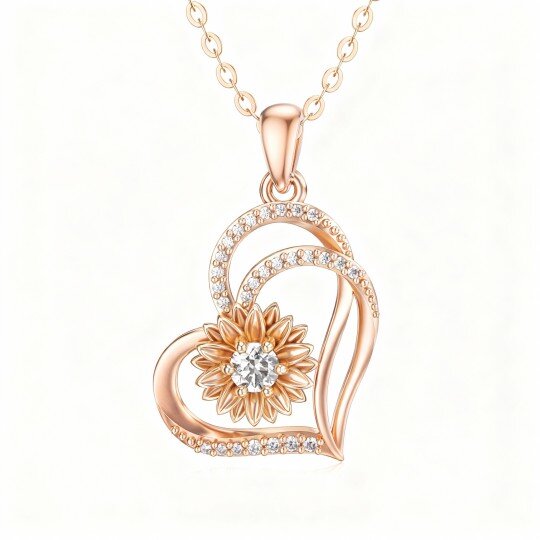 10K Rose Gold Round Cut Moissanite Sunflower & Heart With Heart Pendant Necklace