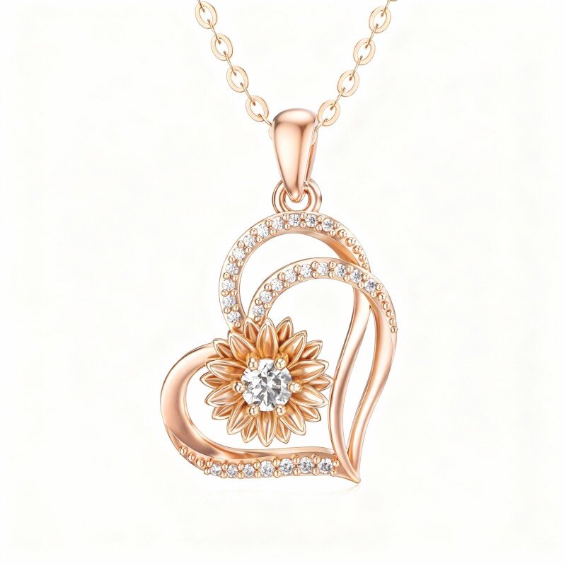 10K Rose Gold Round Cut Moissanite Sunflower & Heart With Heart Pendant Necklace-1