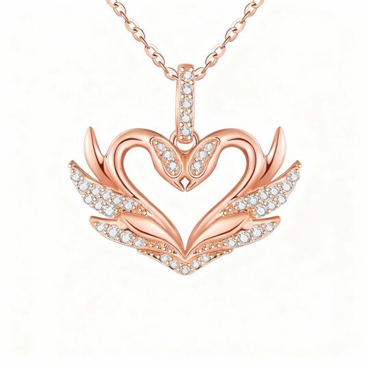 Collier pendentif cygne et cœur en moissanite taille ronde or rose 10 carats