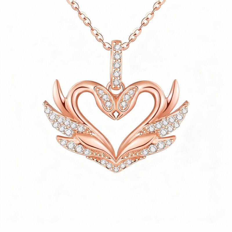 10K Rose Gold Round Cut Moissanite Swan & Heart Pendant Necklace-1